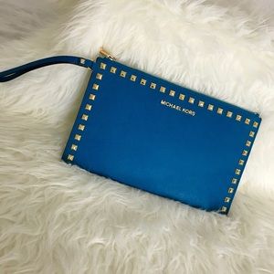 Saffiano Stud Large Wristlet Leather Clutch!